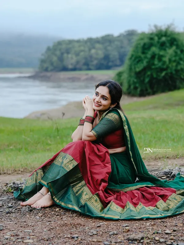 Red_And__Green_Kanjivaram_silk__Half_Lehenga_Saree_With_Blouse_And_Dupatta_For_Women