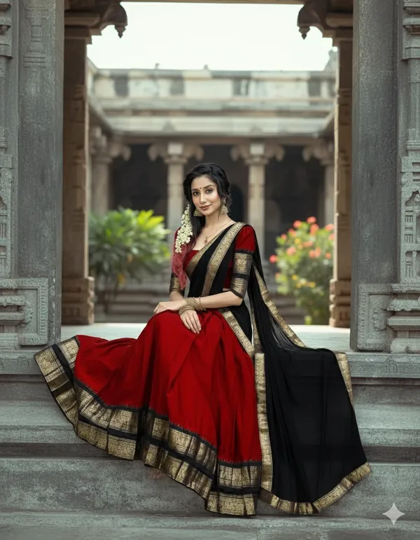 Red__And_Black__Kanjivaram_silk_Half_Lehenga_Saree_With_Blouse_And_Dupatta_For_Women