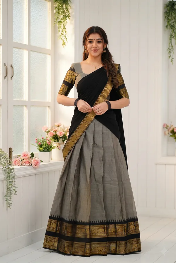 Grey_And_Black__Kanjivaram_silk_Half_Lehenga_Saree_With_Blouse_And_Dupatta_For_Women