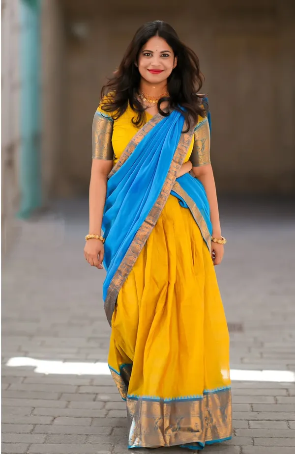 Yellow_And__Firozi__Kanjivaram_silk__Half_Lehenga_Saree_With_Blouse_And_Dupatta_For_Women