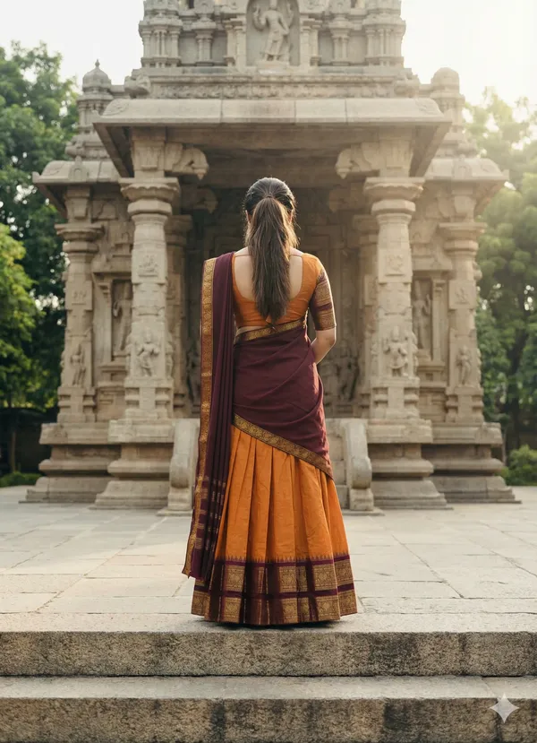 Orange__And__Maroon__Kanjivaram_silk_Half_Lehenga_Saree_With_Blouse_And_Dupatta_For_Women