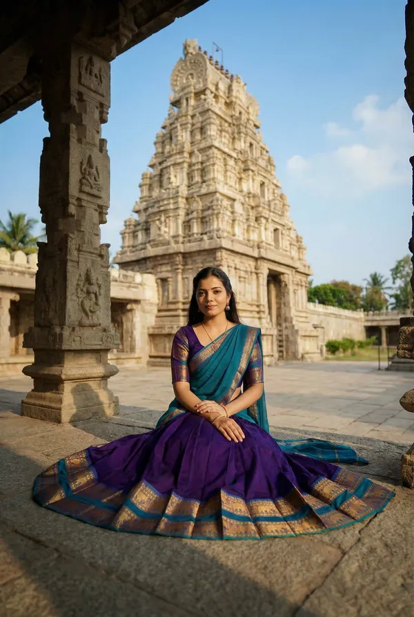 Wine_And_Firozi__Kanjivaram_silk_Half_Lehenga_Saree_With_Blouse_And_Dupatta_For_Women