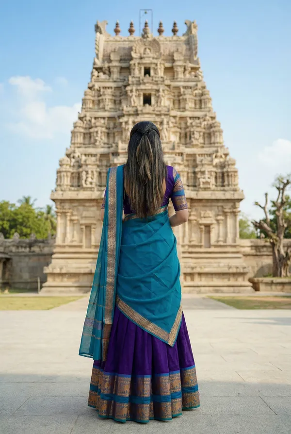 Wine_And_Firozi__Kanjivaram_silk_Half_Lehenga_Saree_With_Blouse_And_Dupatta_For_Women