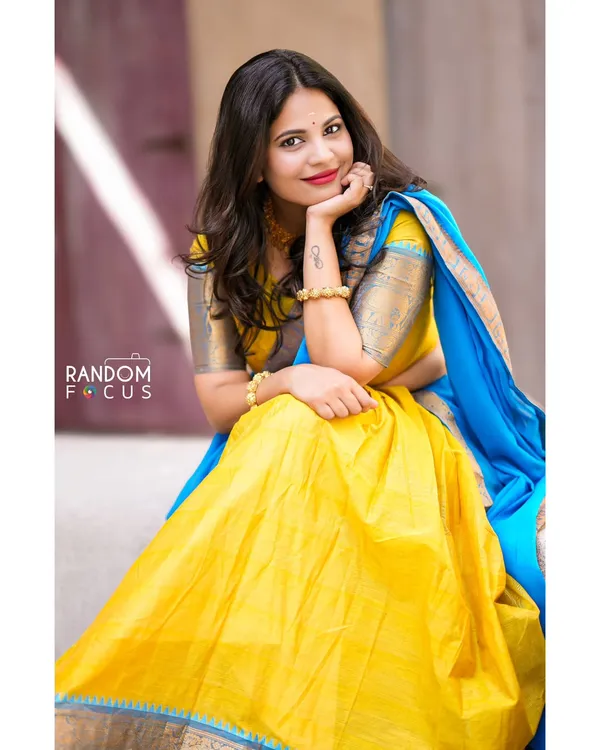 Yellow_And__Firozi__Kanjivaram_silk__Half_Lehenga_Saree_With_Blouse_And_Dupatta_For_Women