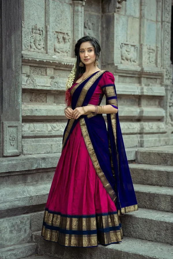 Gajari__And_Blue__Kanjivaram_silk_Half_Lehenga_Saree_With_Blouse_And_Dupatta_For_Women