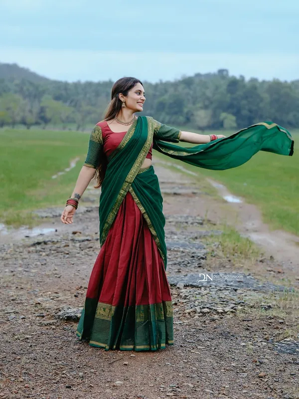 Red_And__Green_Kanjivaram_silk__Half_Lehenga_Saree_With_Blouse_And_Dupatta_For_Women