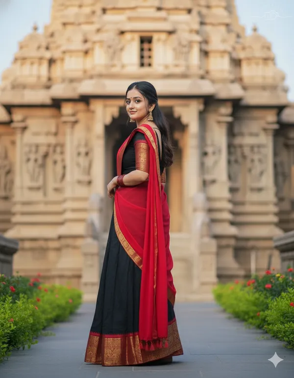 Black_And__Red__Kanjivaram_silk__Half_Lehenga_Saree_With_Blouse_And_Dupatta_For_Women