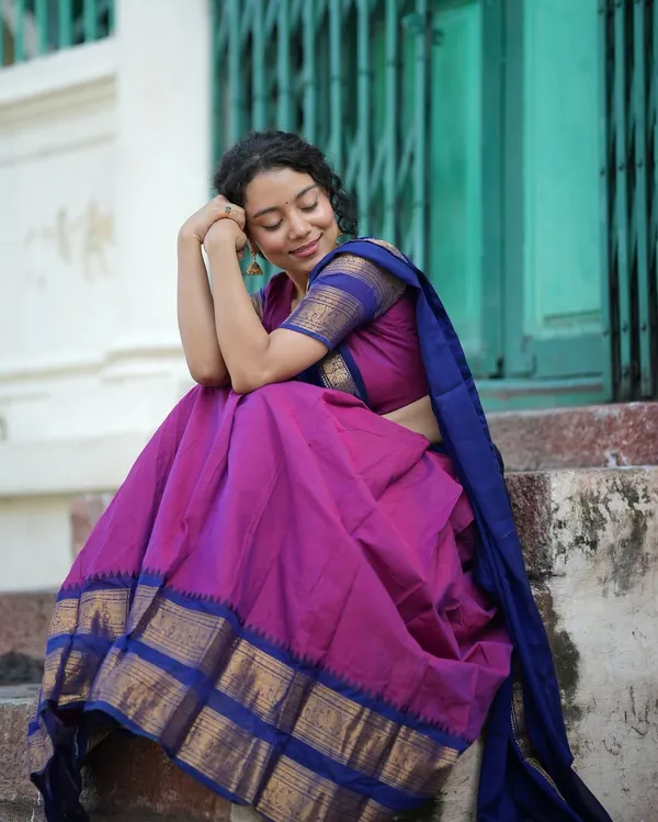 Gajari__And_Blue__Kanjivaram_silk__Half_Lehenga_Saree_With_Blouse_And_Dupatta_For_Women