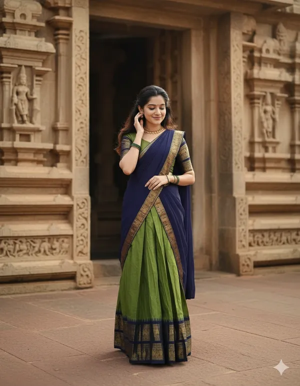 Mehndi_And_Blue__Kanjivaram_silk_Half_Lehenga_Saree_With_Blouse_And_Dupatta_For_Women