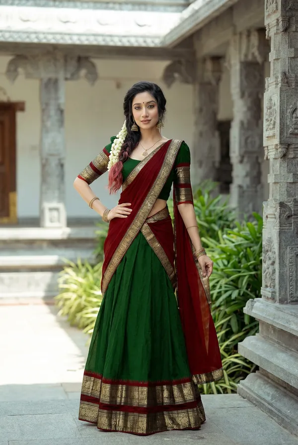 Green__And__Red__Kanjivaram_silk_Half_Lehenga_Saree_With_Blouse_And_Dupatta_For_Women