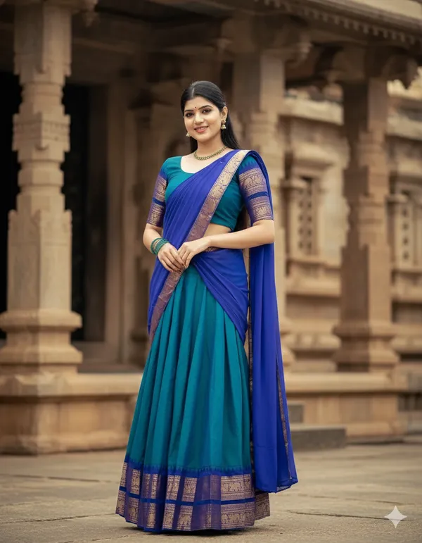Firozi__And_Blue__Kanjivaram_silk_Half_Lehenga_Saree_With_Blouse_And_Dupatta_For_Women