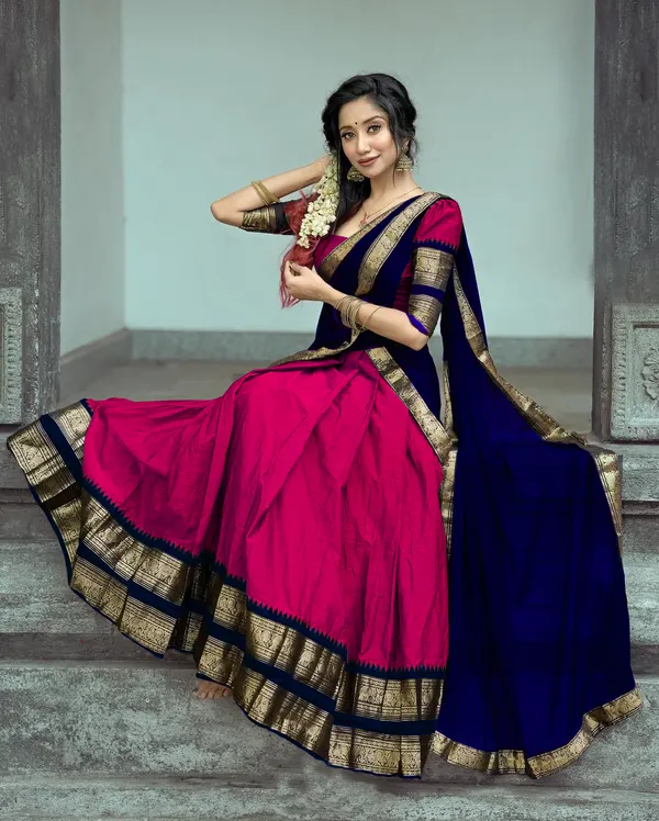 Gajari__And_Blue__Kanjivaram_silk_Half_Lehenga_Saree_With_Blouse_And_Dupatta_For_Women