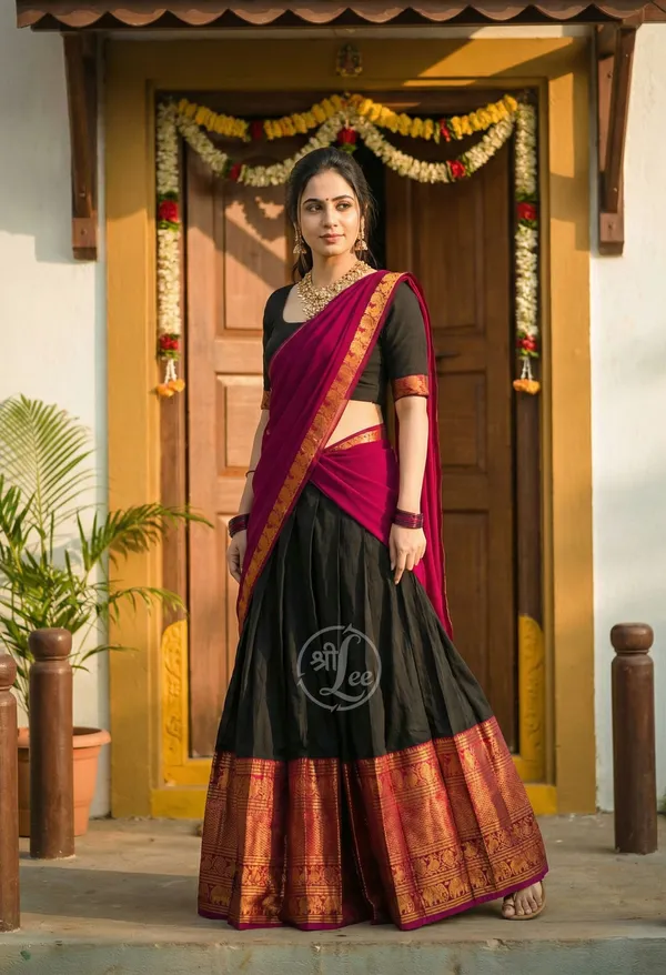Black_And_Purple__Kanjivaram_silk__Half_Lehenga_Saree_With_Blouse_And_Dupatta_For_Women