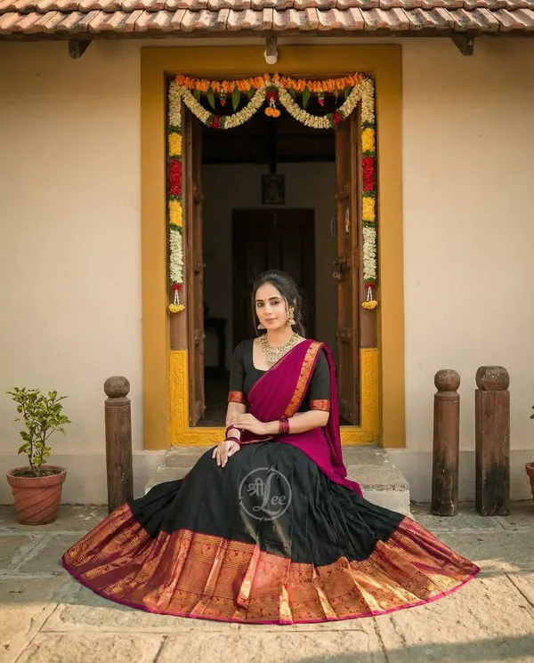 Black_And_Purple__Kanjivaram_silk__Half_Lehenga_Saree_With_Blouse_And_Dupatta_For_Women