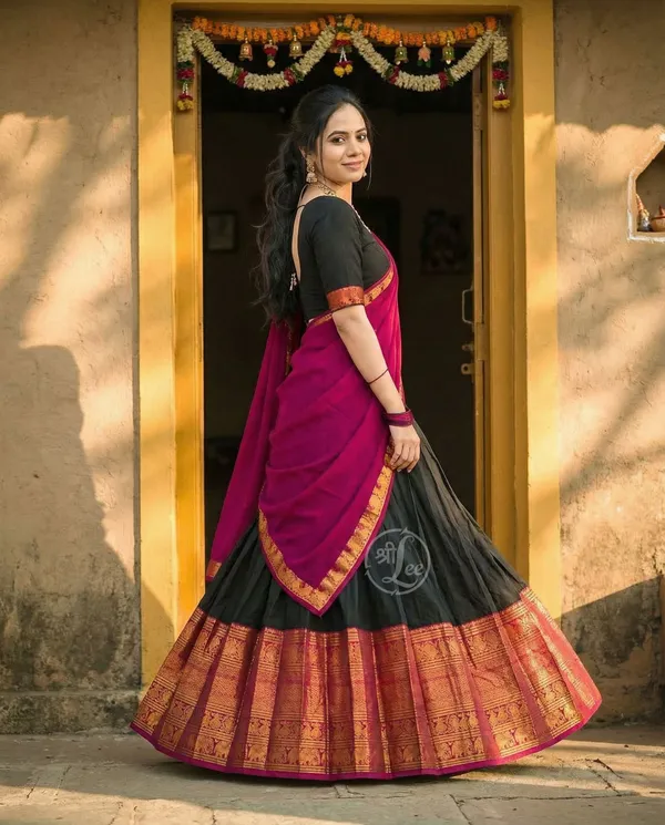 Black_And_Purple__Kanjivaram_silk__Half_Lehenga_Saree_With_Blouse_And_Dupatta_For_Women