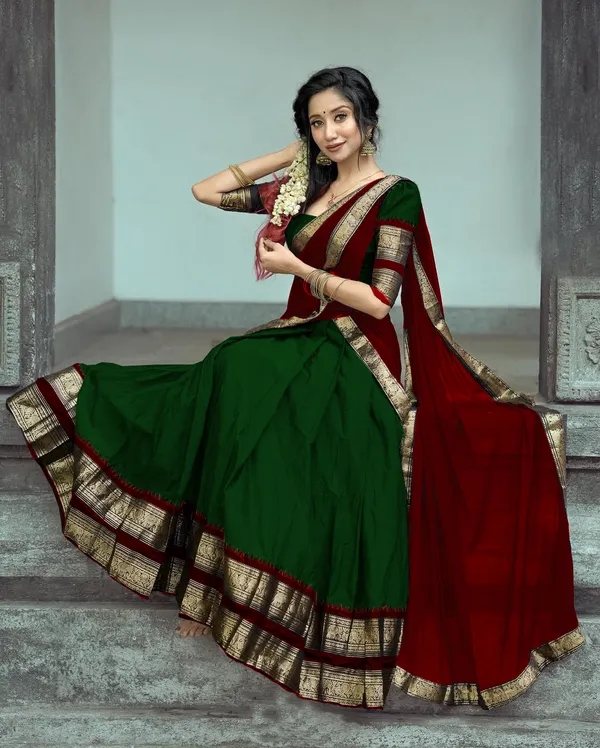 Green__And__Red__Kanjivaram_silk_Half_Lehenga_Saree_With_Blouse_And_Dupatta_For_Women