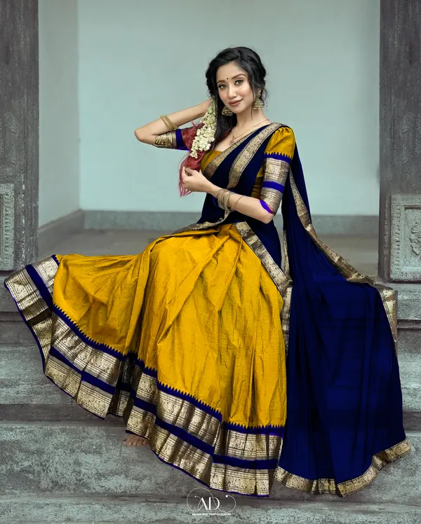 Yellow__And_Blue__Kanjivaram_silk__Half_Lehenga_Saree_With_Blouse_And_Dupatta_For_Women