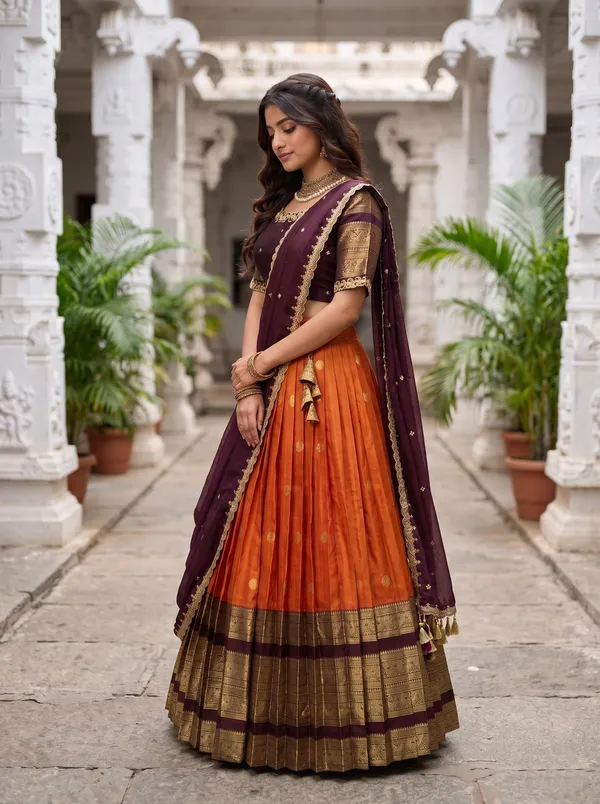 Traditional_Orange_and_Purple_Silk_Half_Saree_with_Zari_Woven_Border