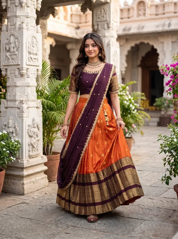 Traditional_Orange_and_Purple_Silk_Half_Saree_with_Zari_Woven_Border