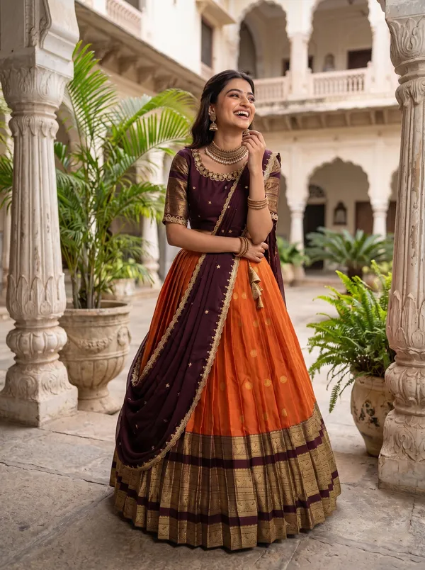 Traditional_Orange_and_Purple_Silk_Half_Saree_with_Zari_Woven_Border