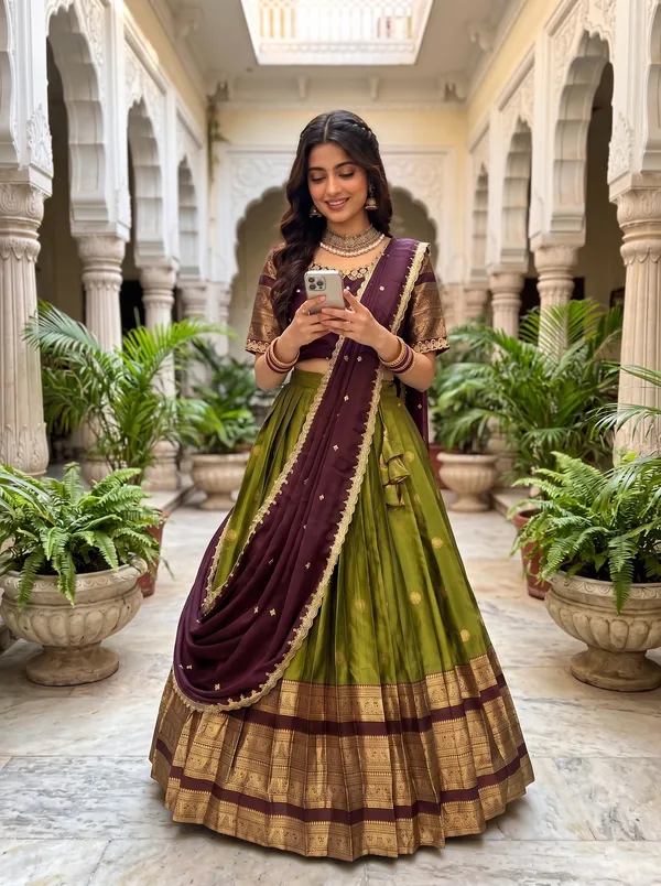 Traditional_perrot_and_mengenta_Silk_Half_Saree_with_Zari_Woven_Border