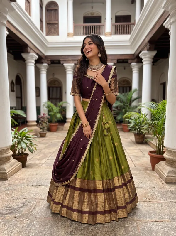 Traditional_perrot_and_mengenta_Silk_Half_Saree_with_Zari_Woven_Border