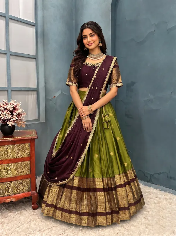 Traditional_perrot_and_mengenta_Silk_Half_Saree_with_Zari_Woven_Border