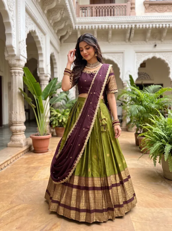 Traditional_perrot_and_mengenta_Silk_Half_Saree_with_Zari_Woven_Border