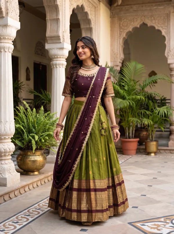 Traditional_perrot_and_mengenta_Silk_Half_Saree_with_Zari_Woven_Border