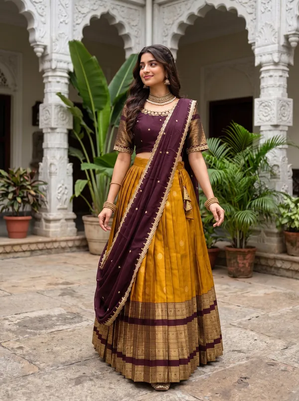 Traditional_yellow_and_megenta_Silk_Half_Saree_with_Zari_Woven_Border