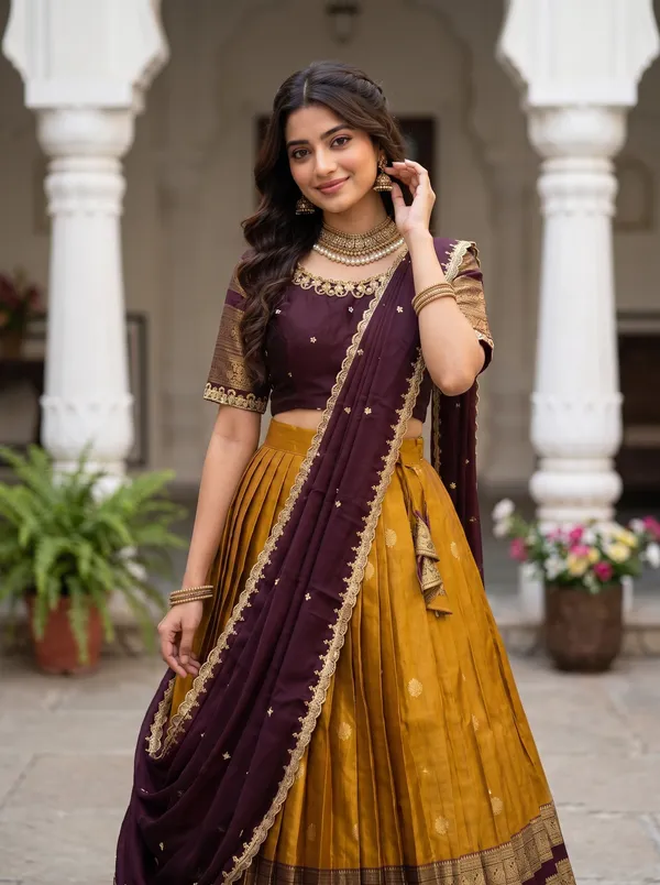 Traditional_yellow_and_megenta_Silk_Half_Saree_with_Zari_Woven_Border