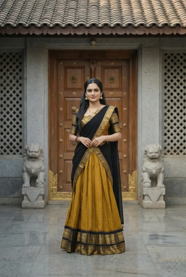 Yellow_And__Black_Kanjivaram_silk_Half_Lehenga_Saree_With_Blouse_And_Dupatta_For_Women