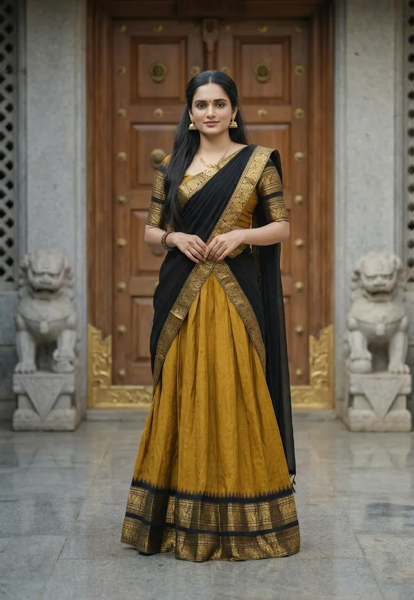 Yellow_And__Black_Kanjivaram_silk_Half_Lehenga_Saree_With_Blouse_And_Dupatta_For_Women