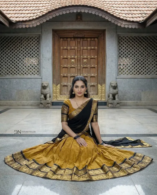 Yellow_And__Black_Kanjivaram_silk_Half_Lehenga_Saree_With_Blouse_And_Dupatta_For_Women