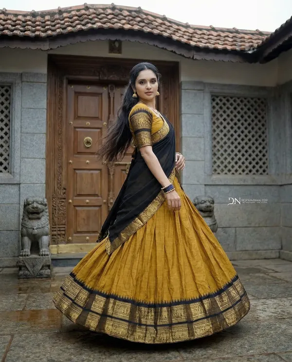 Yellow_And__Black_Kanjivaram_silk_Half_Lehenga_Saree_With_Blouse_And_Dupatta_For_Women