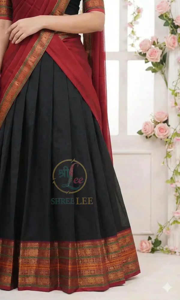 Black_And__Red__Kanjivaram_silk__Half_Lehenga_Saree_With_Blouse_And_Dupatta_For_Women