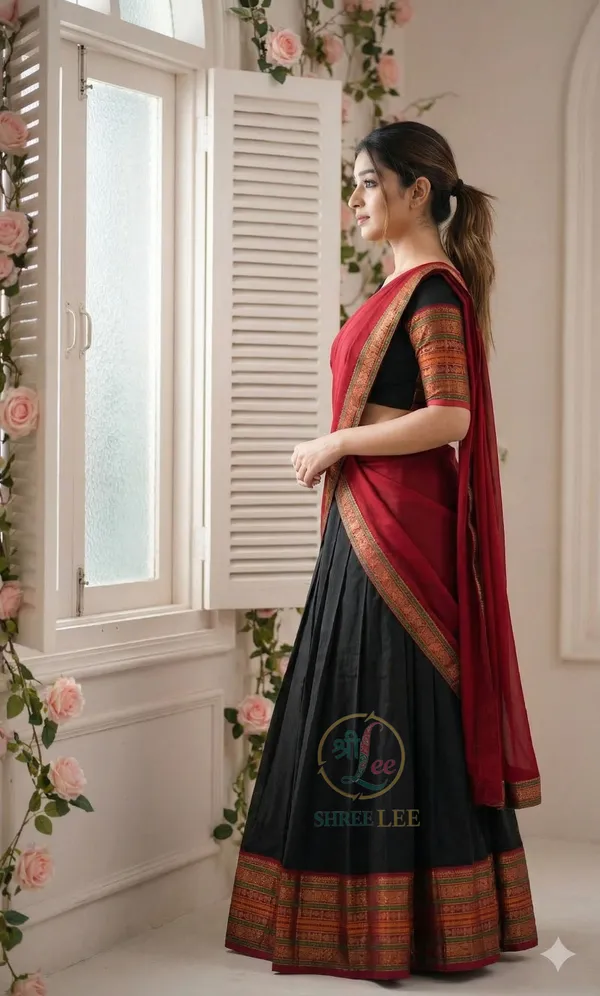 Black_And__Red__Kanjivaram_silk__Half_Lehenga_Saree_With_Blouse_And_Dupatta_For_Women
