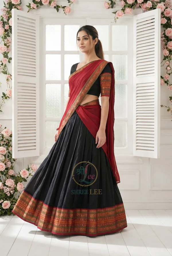 Black_And__Red__Kanjivaram_silk__Half_Lehenga_Saree_With_Blouse_And_Dupatta_For_Women