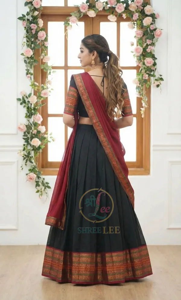 Black_And__Red__Kanjivaram_silk__Half_Lehenga_Saree_With_Blouse_And_Dupatta_For_Women