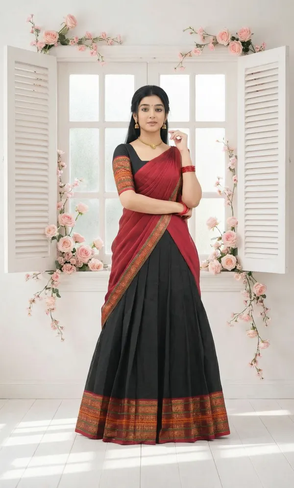 Black_And__Red__Kanjivaram_silk__Half_Lehenga_Saree_With_Blouse_And_Dupatta_For_Women