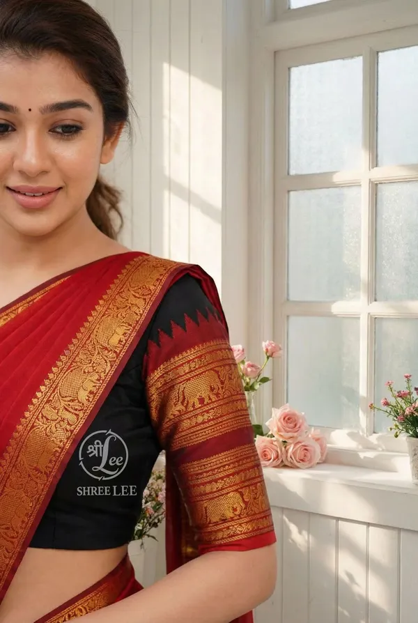 Black_And_Red__Kanjivaram_silk_Half_Lehenga_Saree_With_Blouse_And_Dupatta_For_Women