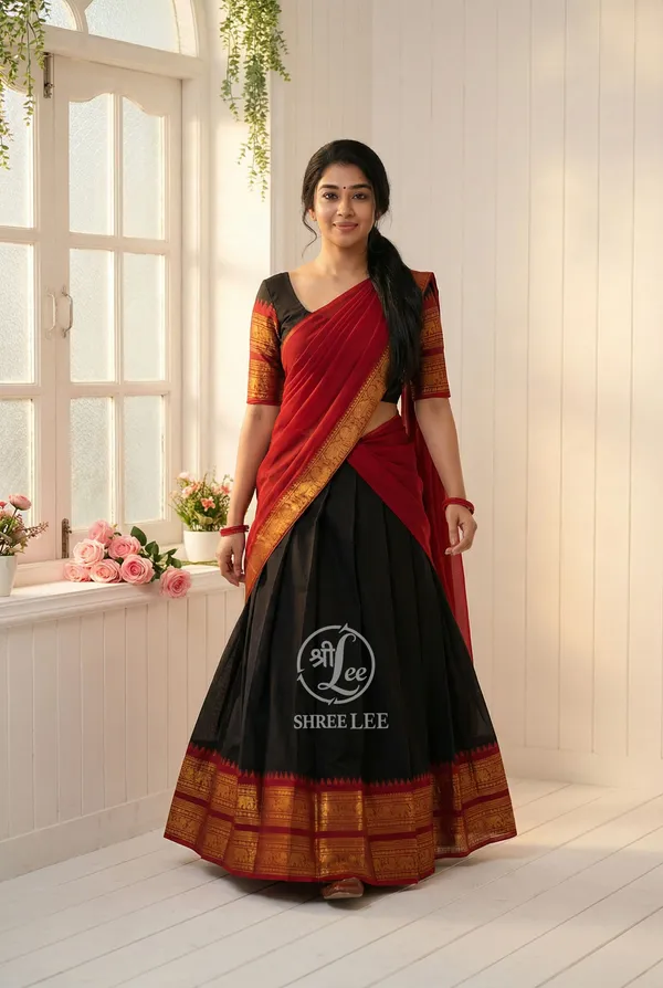 Black_And_Red__Kanjivaram_silk_Half_Lehenga_Saree_With_Blouse_And_Dupatta_For_Women