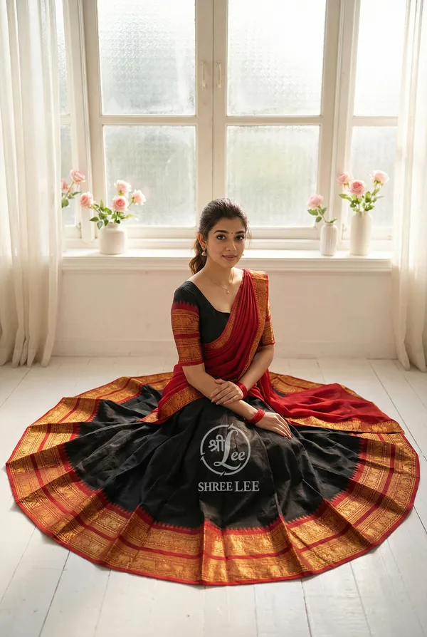 Black_And_Red__Kanjivaram_silk_Half_Lehenga_Saree_With_Blouse_And_Dupatta_For_Women
