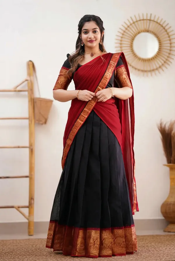 black_And_red_Kanjivaram_silk_Half_Lehenga_Saree_With_Blouse_And_Dupatta_For_Women