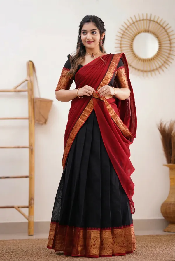 black_And_red_Kanjivaram_silk_Half_Lehenga_Saree_With_Blouse_And_Dupatta_For_Women