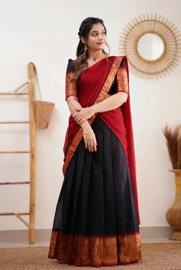 black_And_red_Kanjivaram_silk_Half_Lehenga_Saree_With_Blouse_And_Dupatta_For_Women