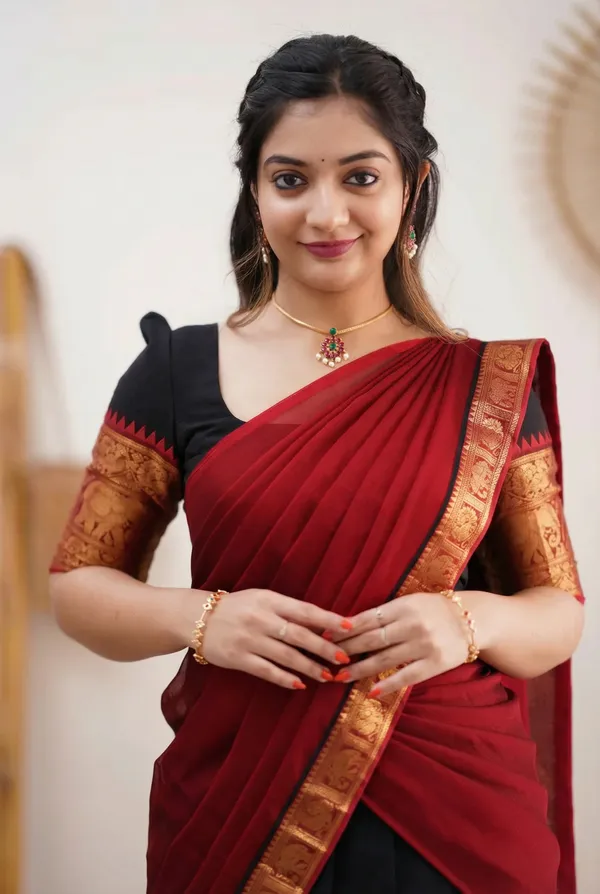 black_And_red_Kanjivaram_silk_Half_Lehenga_Saree_With_Blouse_And_Dupatta_For_Women