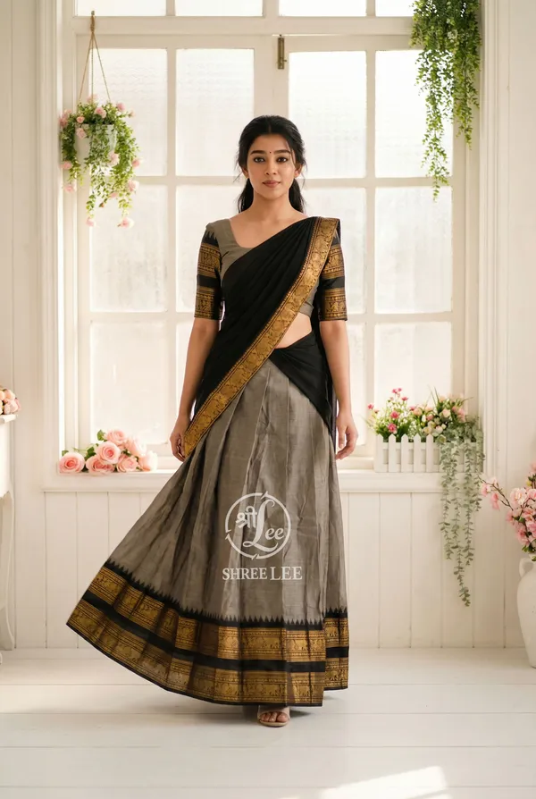Grey_And_Black__Kanjivaram_silk_Half_Lehenga_Saree_With_Blouse_And_Dupatta_For_Women