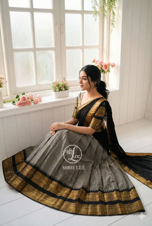 Grey_And_Black__Kanjivaram_silk_Half_Lehenga_Saree_With_Blouse_And_Dupatta_For_Women