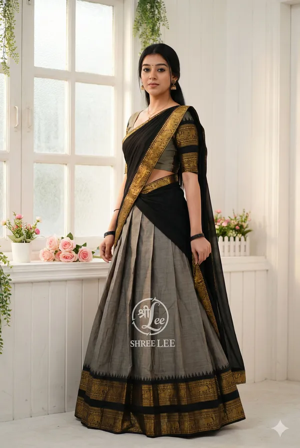 Grey_And_Black__Kanjivaram_silk_Half_Lehenga_Saree_With_Blouse_And_Dupatta_For_Women